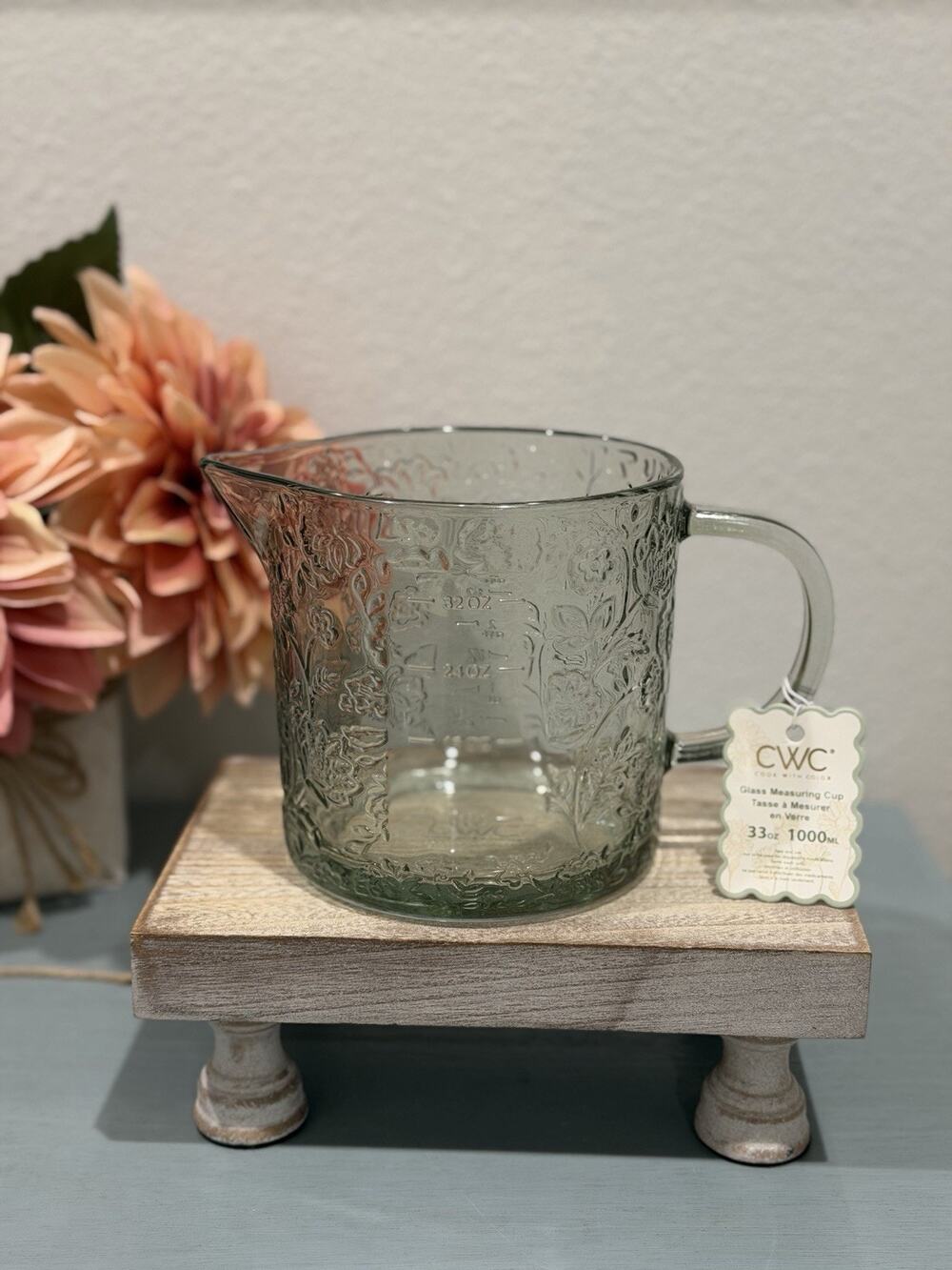 CWC Cook With Color Glass Measuring Cups 32oz ~4 Cups GREEN Floral
